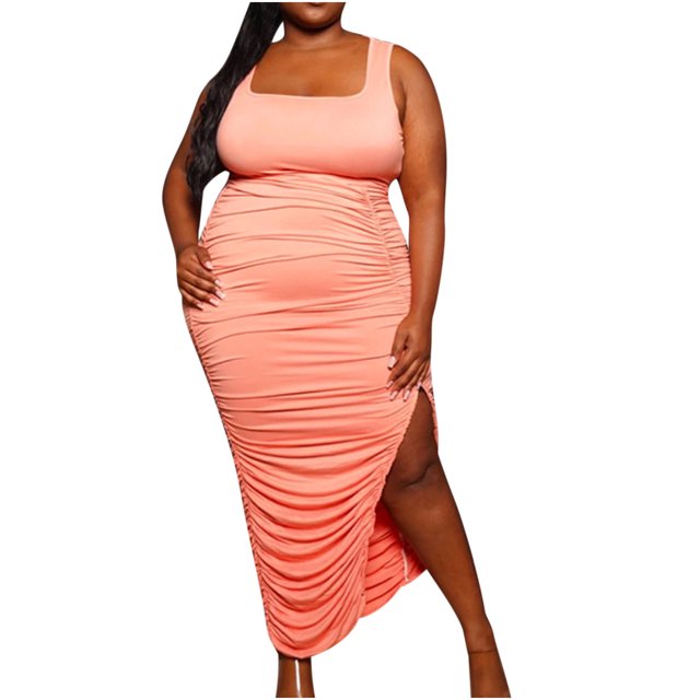 EQWLJWE Robe Longue pour Femmes Mode Été Grande Taille Couleur Unie Col en U Sans Manches Plissée Extensible Fendue