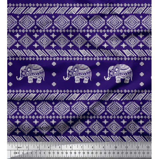 Soimoi Poly Georgette Fabric Aztec & Tribal Elephant Animal Printed Fabric 1 Yard 42 Inch Wide