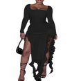 thumbnail image 2 of Femmes Robe Longue Manches Longues Cou Carré Fente Robe Irrégulière à Volants Robe de Cocktail, 2 of 9