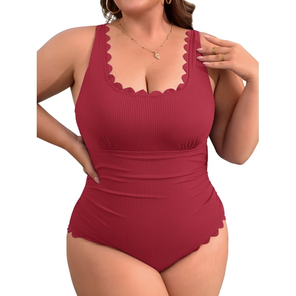 Charmo Plus Size Ribbed Swimsuit for Womens One Piece Scalloped Swimwear Tummy Control Bathing Suits
