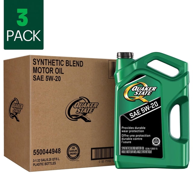 Quaker State Boîtier d'Huile de Moteur 5W20, Ensemble de Cruches 3x5L Montrant une Pichet en Plastique Verte avec Poignée et Capuchon Noir Étiqueté SAE 5W-20, Huile de Moteur en Mélange Synthétique pour Moteurs à Essence, Offrant une protection durable contre L'Usure, à Côté d'Une Boîte en Carton Brun pour Trois Bouteilles en Plastique de 5,28 L, Convient à la protection du Moteur Lors des Arrêts et Déplacements.