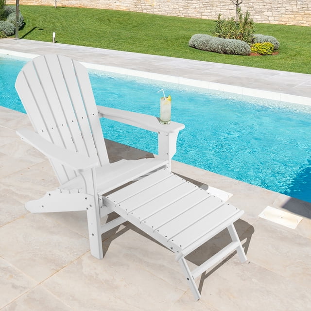 Costway Chaise Adirondack de Patio Extérieur en HDPE, Siège de Plage avec Ottoman Rétractable, Blanc