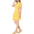 thumbnail image 4 of INSPIRE CHIC Women's Tie Neck Ruched Sleeve Elastic Waist A-Line Double Layers Ruffle Hem Short Dress M Yellow, 4 of 7