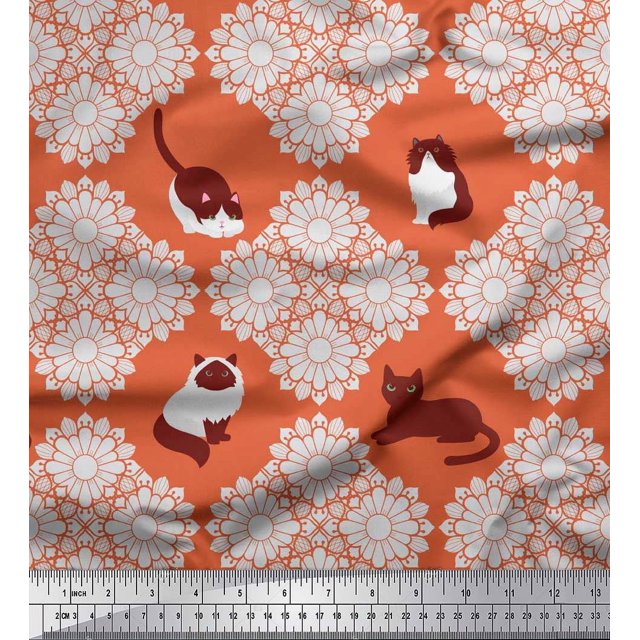 Soimoi Modal Satin Fabric Floral & Cat Animal Printed Craft Fabric by The Yard 42 Inch Wide