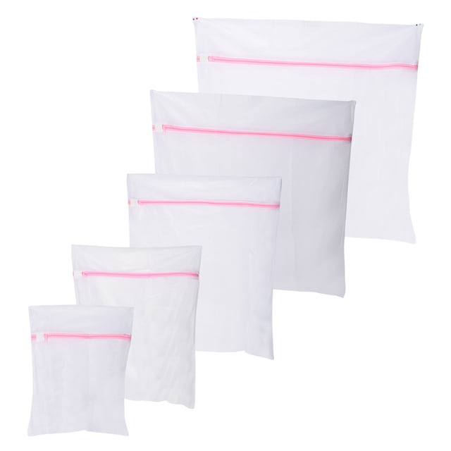Mesh Laundry Bags for Washing Machine, a set of five white polyester mesh bags with pink zipper closures in various sizes. Ideal for protecting delicate fabrics such as bras, lingerie, socks, and small items during machine washing and drying. Made from durable, breathable, and reusable material for effective cleaning. Features protective zipper covers for added safety. Suitable for laundry room storage and organization.