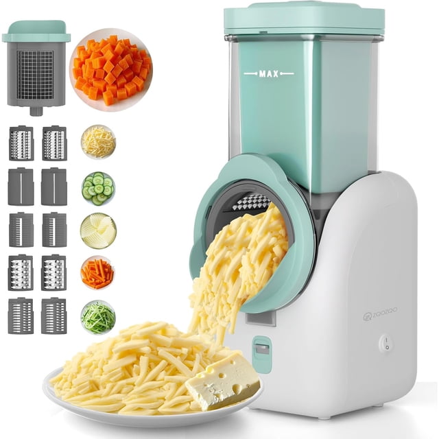 Upgraded Electric Cheese Shredder, Automatic Cheese Grater Electric with 6 Interchangeable Blades, shown in a sleek white and mint green design. The shredder is displayed with shredded cheese pouring into a plate, alongside six stainless steel blade attachments for various slicing and shredding options, including dicing, fine strips, and wavy slices. The image also highlights its two-size feed chute for handling larger or smaller ingredients like apples, cucumbers, and carrots.