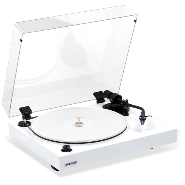 Fluance RT85 Reference High Fidelity Vinyl Turntable Record Player in piano white, featuring an Ortofon 2M Blue cartridge, acrylic platter, and high mass MDF wood plinth. The turntable includes vibration isolation feet, a speed control motor, and a clear dust cover. Designed for pure analog performance and precise playback, it offers a warm, natural sound with enhanced clarity and reduced vibrations.