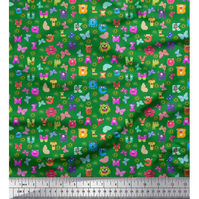 Soimoi Green Rayon Fabric Insect,Sun & Cartoon Alphabets Text Printed Fabric 1 Yard 42 Inch Wide