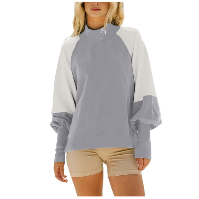 FAIWAD Womens Casual Mock Neck Sweatshirt Puff Long Sleeve Patchwork Pullover Loose Workout Tops