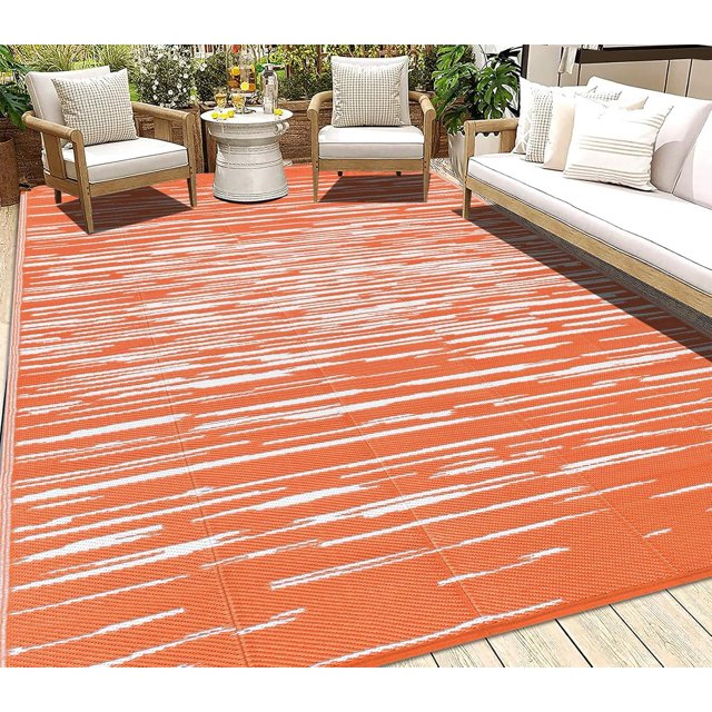 Findosom Tapis d'Extérieur Imperméable à Rayures 6'x9', Tapis de Paille en Plastique Pliable et Réversible, Grand Tapis de Patio pour Extérieur, RV, Patio, Jardin, Terrasse, Pique-Nique, Plage, Camping Orange
