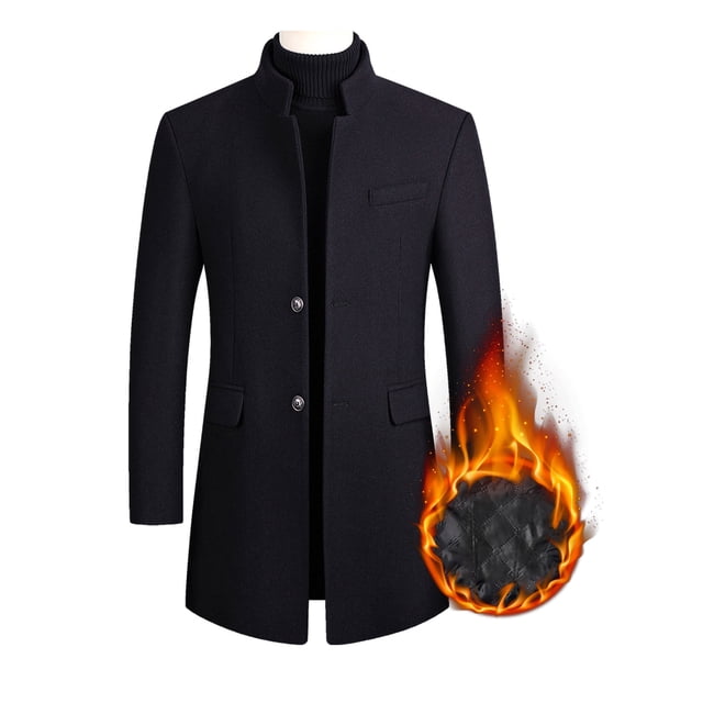 UKAP Men Pea Coat Solid Color Trench Coats Lapel Jacket Mid Length Work Outwear Navy Blue (thickened) L