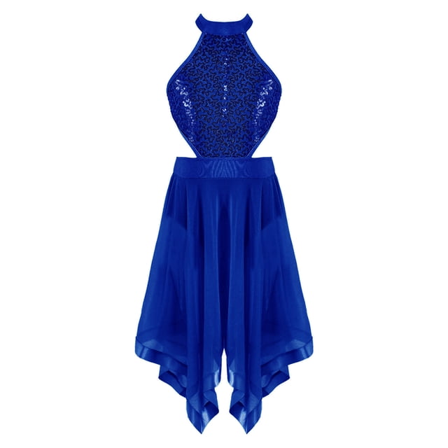 Xnihocha Robe de Danse Lyrique Latine Moderne de Ballet pour Filles, Paillettes, Dos Ajouré, Robe de Danse avec Jupe Irrégulière, Tenue de Danse Bleu Royal 8