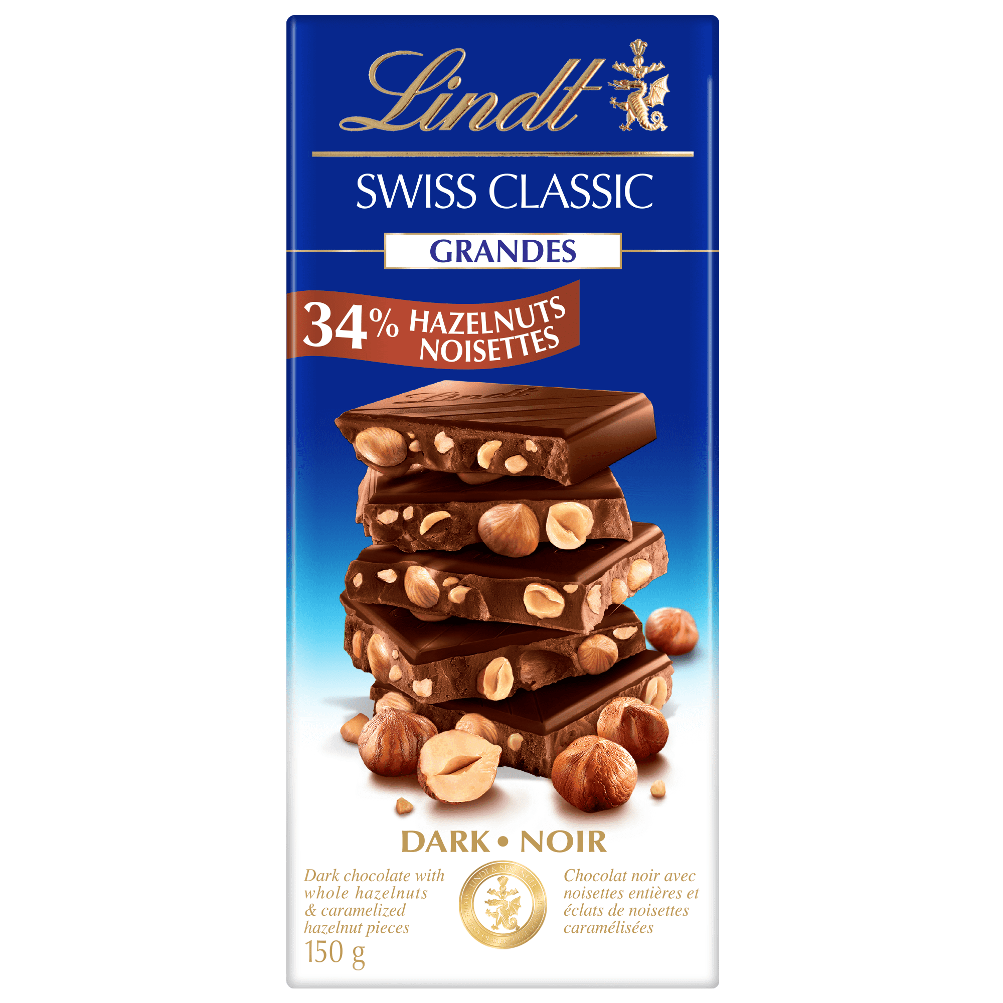 Lindt SWISS CLASSIC GRANDES Hazelnut Dark Chocolate Bar, 150 Grams