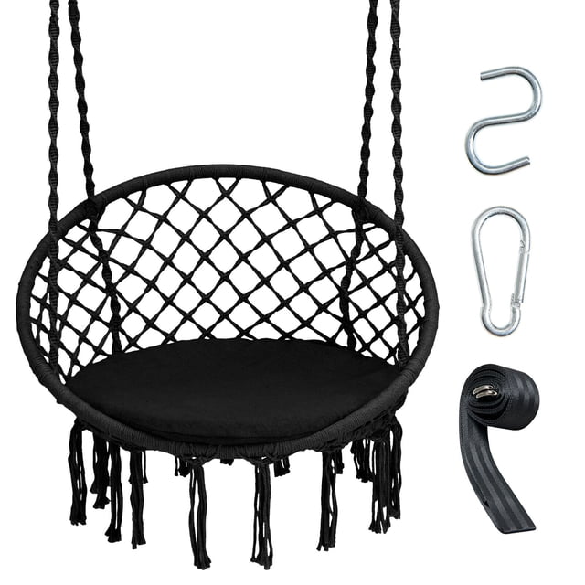 Gymax Chaise Hamac avec Coussin, Trousse de Quincaillerie de Suspension, Intérieur Extérieur, Noir