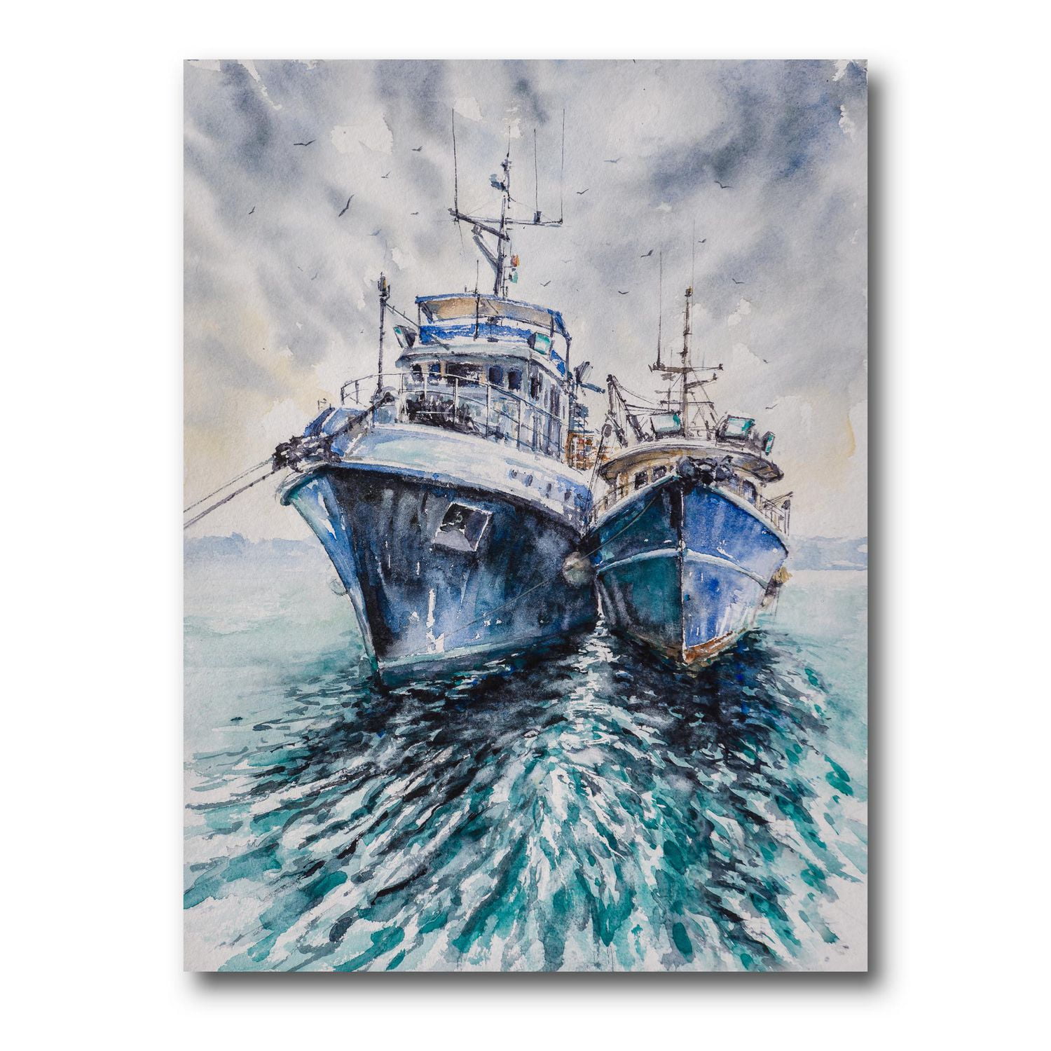 Designart Deux bateaux de pêche avant une tempête ancrés Art mural sur toile
