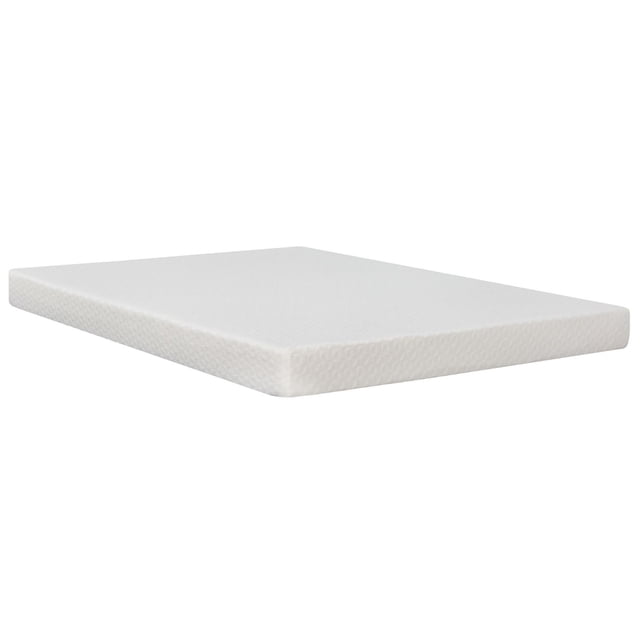 Primo Snooze Matelas en Mousse de 6 Po, Montré sous un angle 3/4 avec une Housse en polyester Blanc Présentant une texture Géométrique Subtile, Contenant un Noyau en polyfoam Léger Qui Offre un Soutien Mi-Ferme et un Soulagement de la Pression, Idéal pour les Enfants, les Ados et les Adultes Légers, avec un Dessous Antidérapant pour la Stabilité.