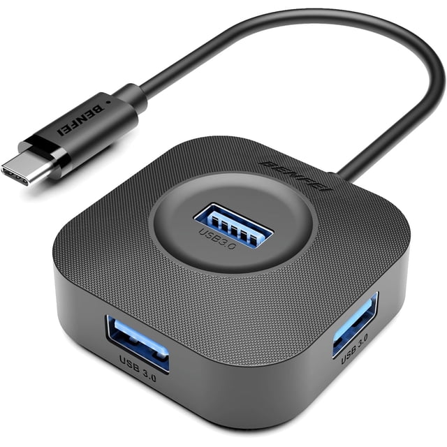 BENFEI USB C Hub, a compact and lightweight USB-C splitter with 4 USB 3.0 ports and 5Gbps data transfer speed. Designed for frequent use with a top port and side ports for wired devices, keeping desktops organized. Features a 20cm cable and plug-and-play compatibility with Windows, macOS, Linux, and Chrome OS.