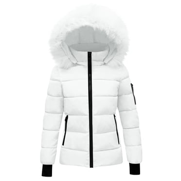 yardsong Trendy Quilted Womens Winter Outerwear Puffer Jacket with Faux Fur Hood Waterproof White,L