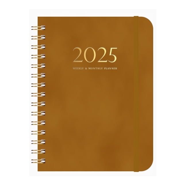 Meitianfacai Coil Planner 2025 Weekly Planner Diary A5 Taped Notebook Book in brown with a soft leather cover and gold embossed '2025 Weekly & Monthly Planner' text on the front. Features a coil binding for 360° page turning, elastic strap closure, and thick 140 GSM paper for smooth writing without ink transfer. Compact A5 size measuring 21.5x15.2 cm, ideal for organizing schedules and notes.