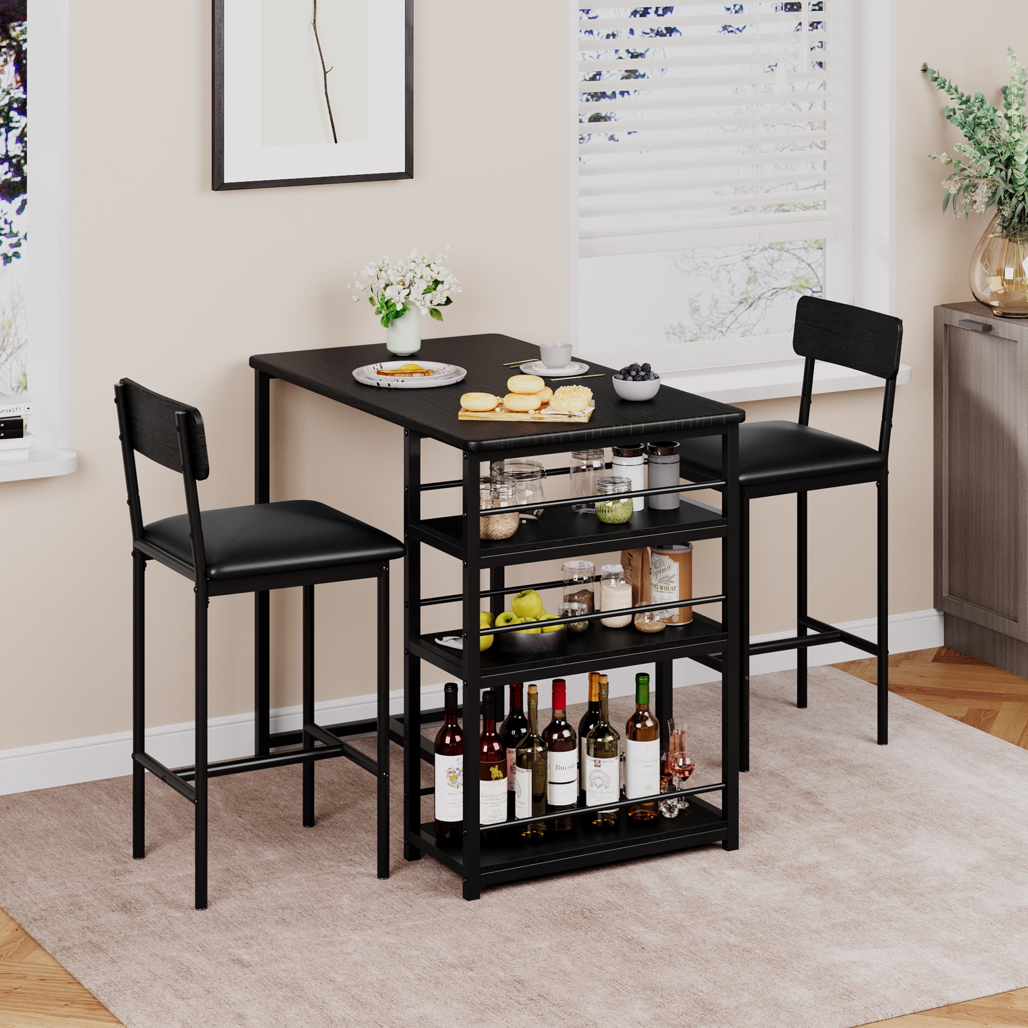 3 Piece Dining Table Set with 2 Upholstered Chairs & 3 Storage Shelves – Counter Height Kitchen Table Set – Space-Saving for Small Spaces, Apartment, Breakfast Nook – Black – 1+2 Set