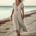 thumbnail image 2 of Admvng Robes d'Été pour Femmes 2025 Grande Taille Couleur Unie Col en V Coton Lin Manches Courtes Robe Longue 3TG-5TG, 2 of 6