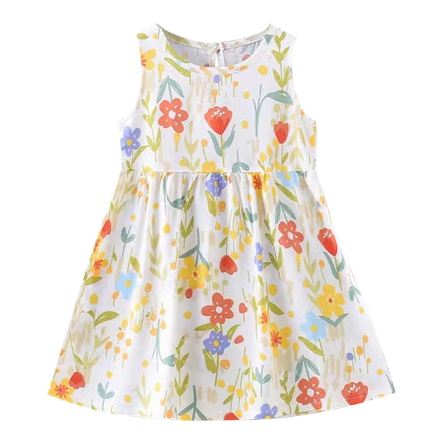 Yanlir Robe d'Été Sans Manches à Encolure Ronde pour Tout-Petites Filles 1-7 Ans, Robe Décontractée à Imprimé Graphique pour Adorable (Blanc#1, 4 Ans)