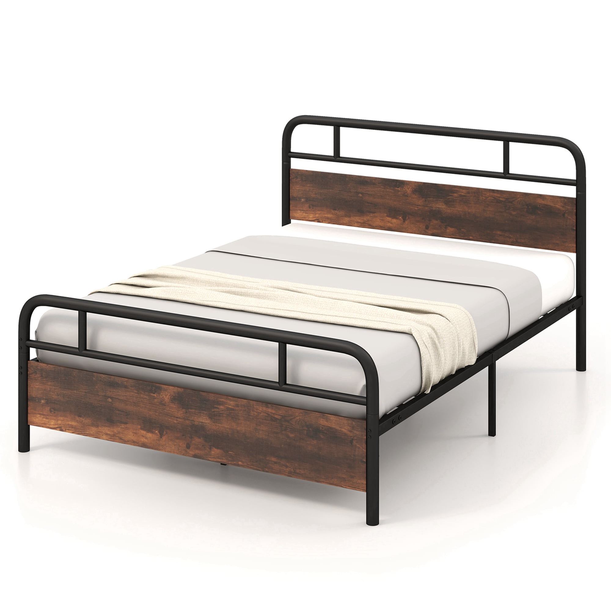 Costway Queen Size Metal Platform Bed Frame Industrial Headboard Mattress Foundation