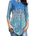 thumbnail image 4 of Chemise Femme T-shirt Imprimé Bohème Col Rond T-shirt Imprimé Décontracté Col Rond Top Chemisier, Bleu, L, 4 of 5