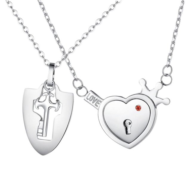 braveheart Titanium Steel Love Heart Lock Key Necklace Set for Couple Birthday Valentines Gift