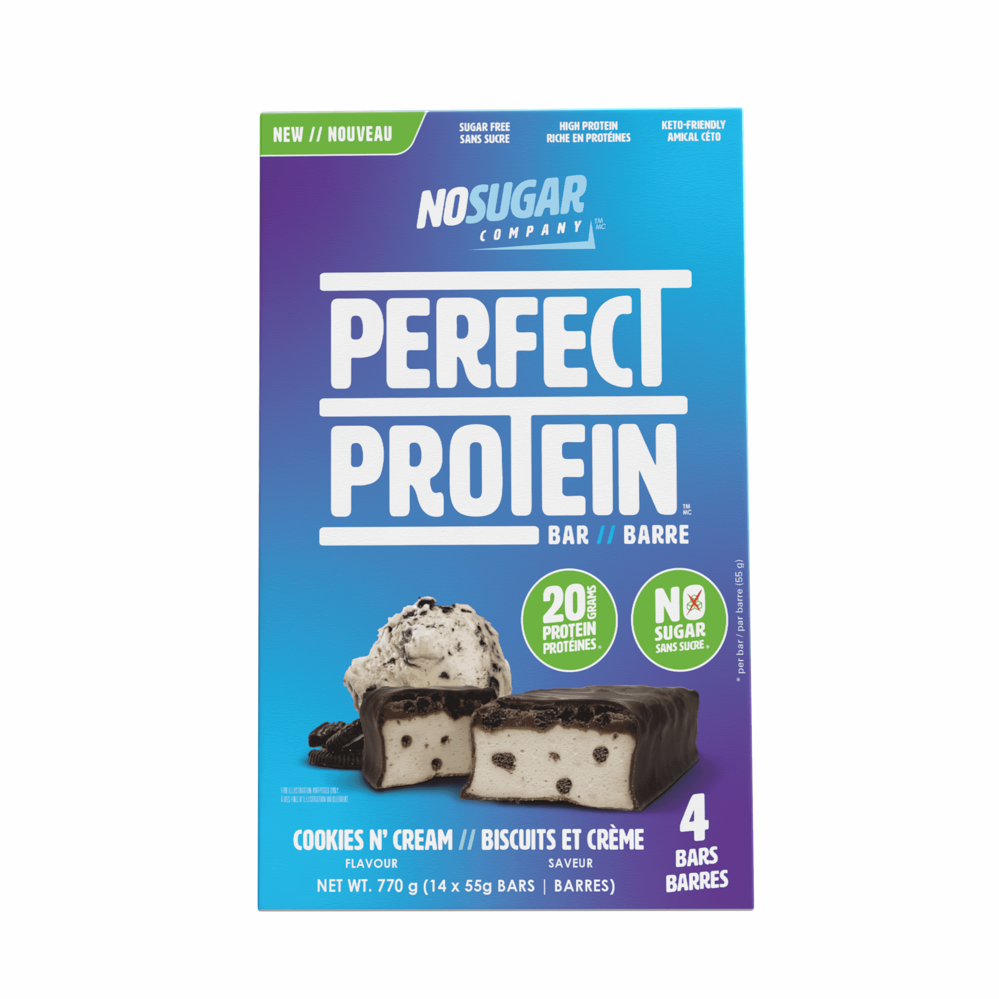 No Sugar, Perfect Protein Cookies & Cream Snack Bars, 55 g, 4 bars
