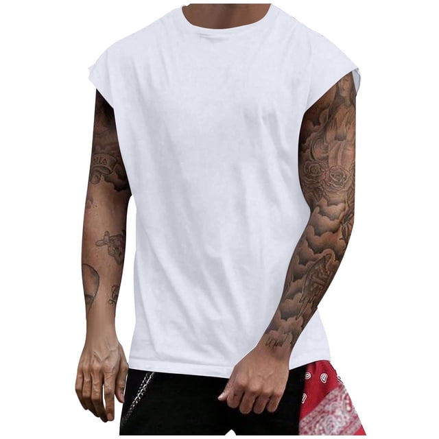 BADHUB Mens Workout Hooded Tank Tops Drawstring Muscle Stretch Sleeveless Solid Color Shirts Loose Gym Vest Clearance White XL