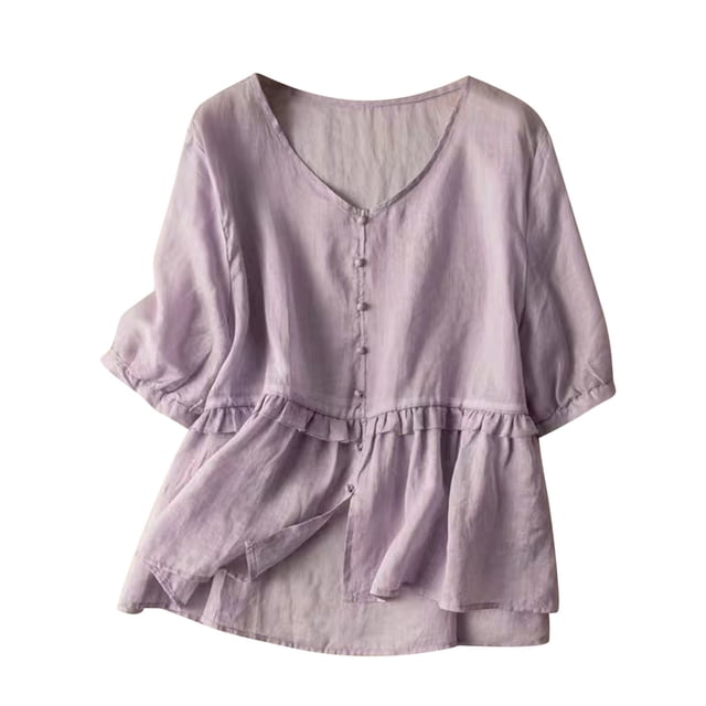 Timegard Plus Size Tops for Women Cotton Linen Short Sleeve V-Neck Button Ruffle Flowy Casual Loose Tops
