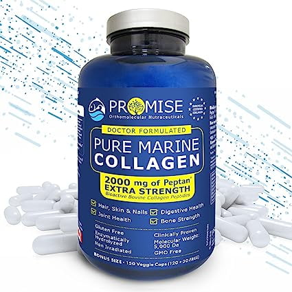 Promise Orthomolecular Nutraceuticals Pure Marine Collagen 150 Vcaps bottle, featuring 2000mg of Peptan per serving. The blue bottle highlights benefits for hair, skin, nails, digestive health, bone strength, and joint health. Capsules are displayed around the bottle, emphasizing the extra strength formula. Made in Canada, European certified, gluten-free, non-GMO, and non-irradiated.