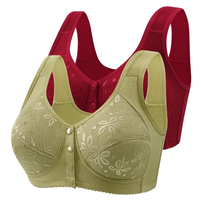 Posijego 2 Pack Womens Front Closure Bras Plus Size Wireless Bra Push up No Underwire Everyday Bra Multipack. The image displays two bras, one in olive green and the other in red, with a front button closure and floral lace accents. These wireless bras are designed for plus-size women, offering full coverage and a push-up effect without underwire. Made from a soft, breathable polyester and cotton blend, they are ideal for all-day comfort. Hand wash in cold water and hang to dry to maintain durability.