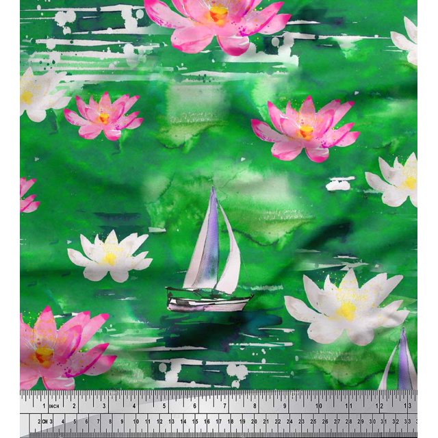 Soimoi Green Moss Georgette Fabric Yacht & Lotus Flower Decor Fabric Printed BTY 42 Inch Wide