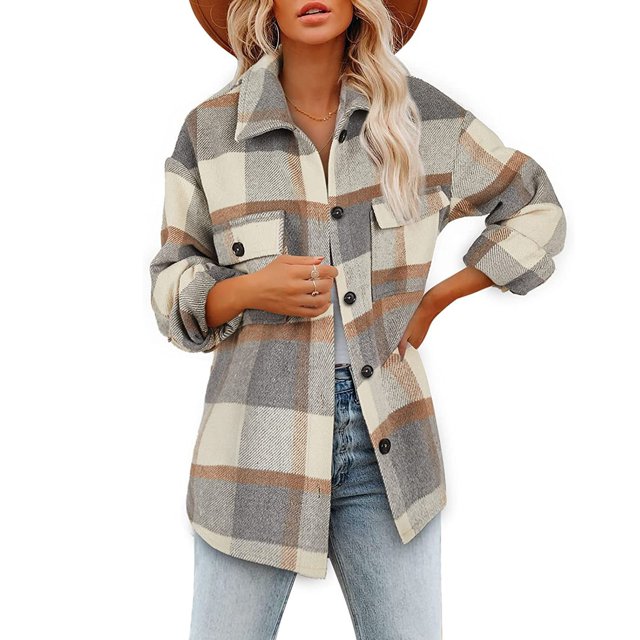 EGNMCR Womens Plaid Shacket Jacket Button Long Sleeve Shirt Coat Fall Winter Loose Flannel Jacket