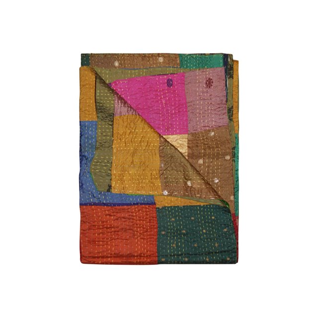 KANTHA SILK THROW BLANKET 50"X70" showcasing a folded handcrafted quilted silk throw with multicolored patchwork squares in pink, mustard, green, blue, red, and brown, featuring visible running stitches, suitable for use as a decorative throw, wall hanging, or tapestry.