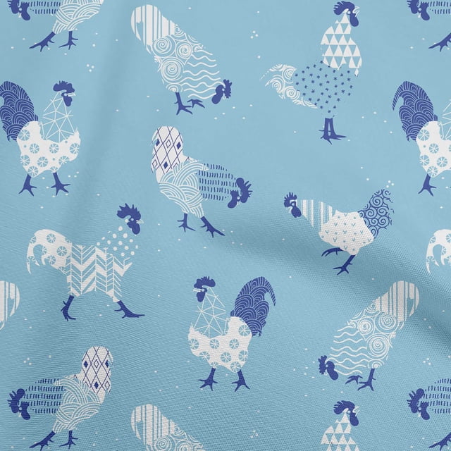 oneOone Silk Tabby Light Blue Fabric Rooster Cock Sewing Material Print Fabric By The Yard 42 Inch Wide