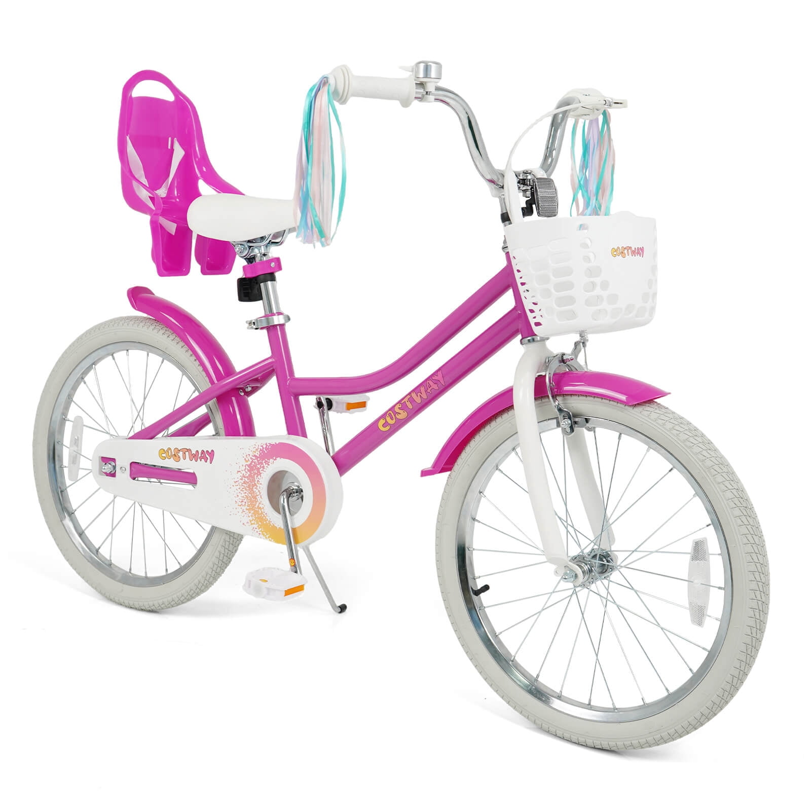 Costway Girls Bike. 20" Kids Bicycle with Basket. Doll Seat. Colorful Streamers. Reflectors Rose Red
