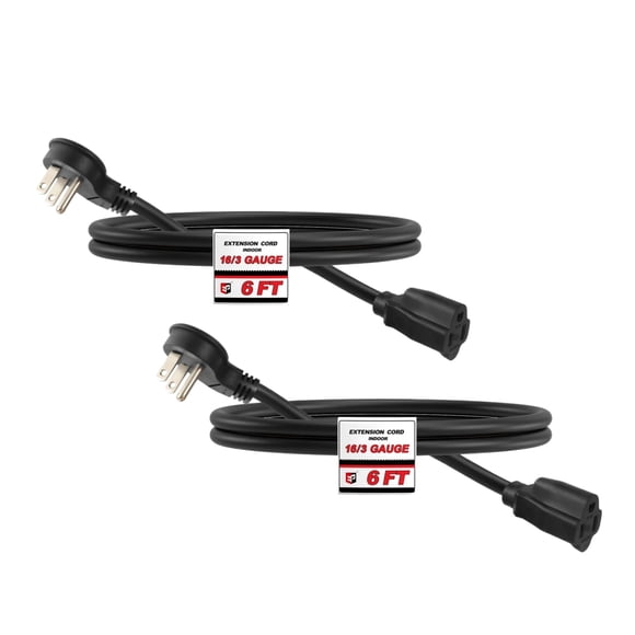 EP 2 Pack 6 Ft 16/3 Flat Plug Indoor Extension Cord, Black Low Profile Extension Cable