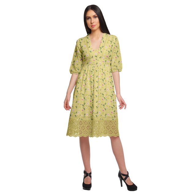 Moomaya Robe en Coton Imprimée pour Femme Longueur Midi Manches Courtes Tenue d'Été Vêtements
