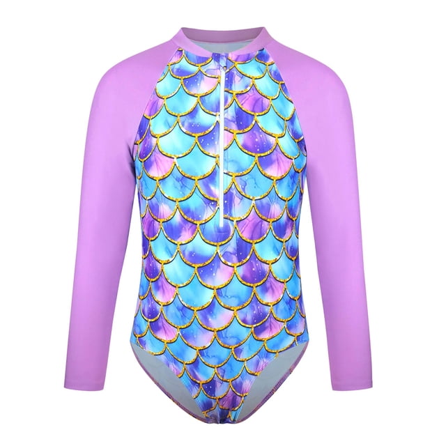 MEZZALL Girls Swimwear Long Sleeve Rash Guard Sun Swimsuit For Surfing Swimming Beach Summer Spring Gradient Purple Fish Scale Design 9-10 Years Classic Kids Wear