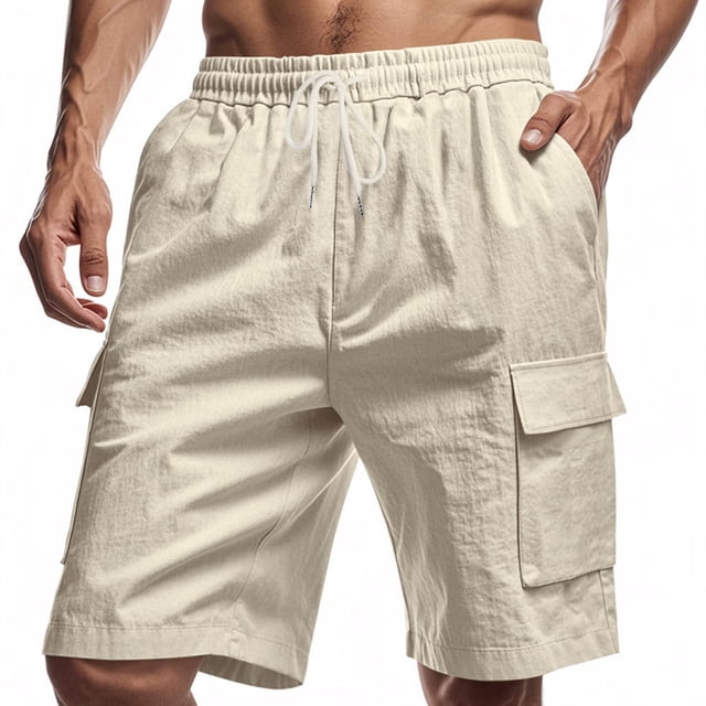 FcBaudy Mens Shorts, Shorts Men Man Solid-Color Casual Sports Multiple Pockets Drawstring Shorts Men Polyester Shorts