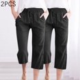 thumbnail image 2 of Timegard 2pc Capri Pants for Women Cotton Linen Elastic Waist Loose Lounge Crop Pants Pockets Solid Color, 2 of 6