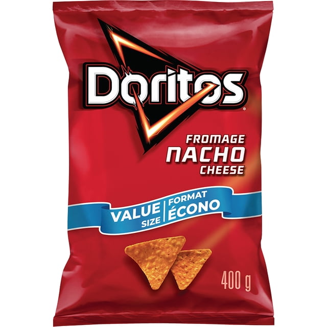 Doritos Nacho Cheese flavoured Tortilla Chips Value Size in red bag with the Doritos logo featuring a fiery triangle, bilingual English and French text, and two triangular nacho cheese chips shown, weighing 400 grams, suitable for snacking or adding crunch to recipes.