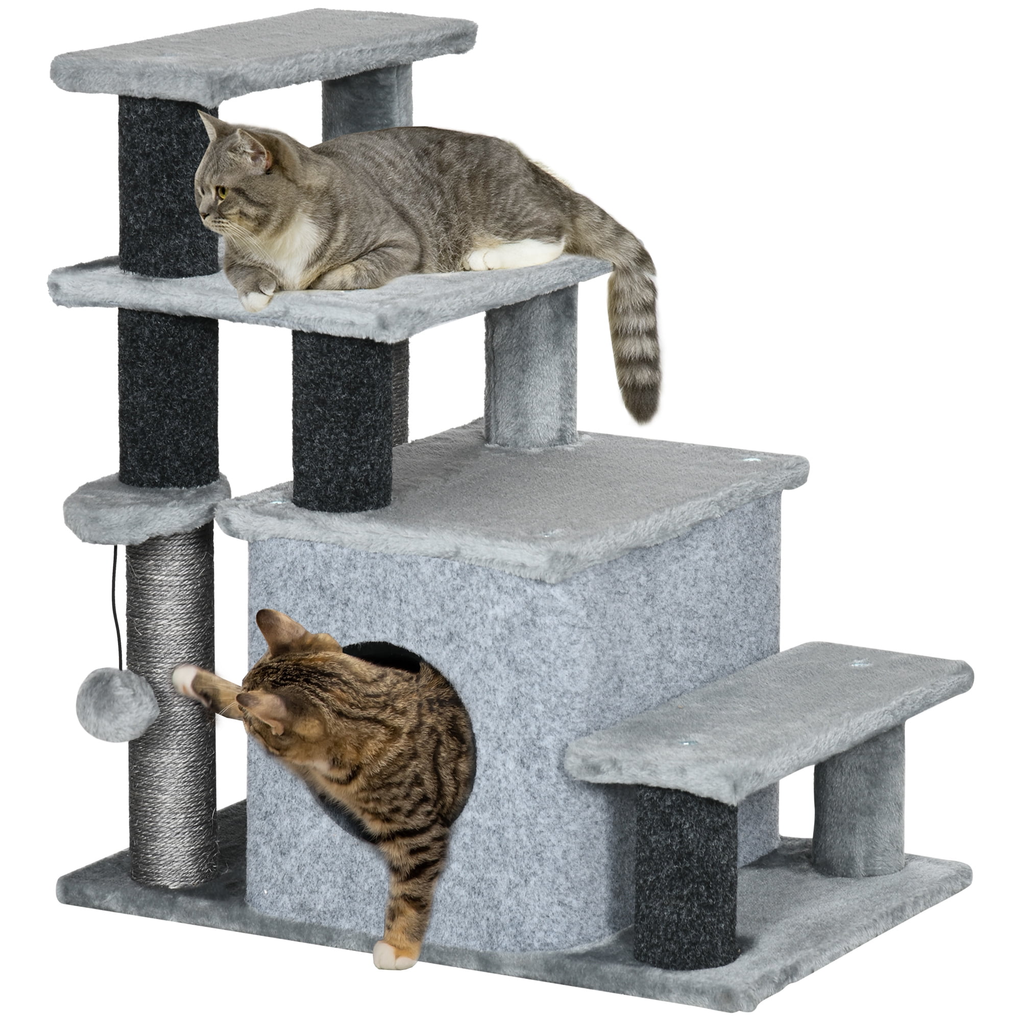 CoSoTower Cat Stairs Pet Steps for Couch Bed with Scratching Posts Condo Ball Toy, 23.6" x 15.7" x 26", Grey