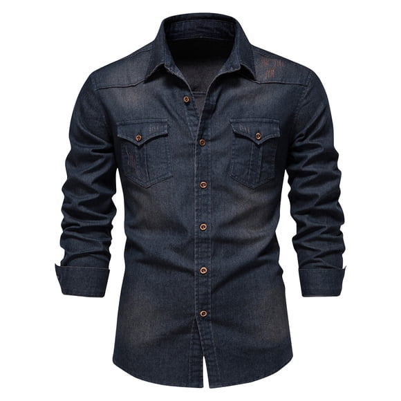AherBiu Men's Long Sleeve Denim Shirts Button down Lapel Slim Fitted Jean Shirt Casual Retro Motorcycle Work Shirts