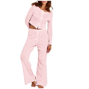 cfhntfmh Womens 2 Piece Pajama Sets Lounge Set Soft Long Sleeve Cropped Pj Sleepwear Wide Leg Pants Loungewear
