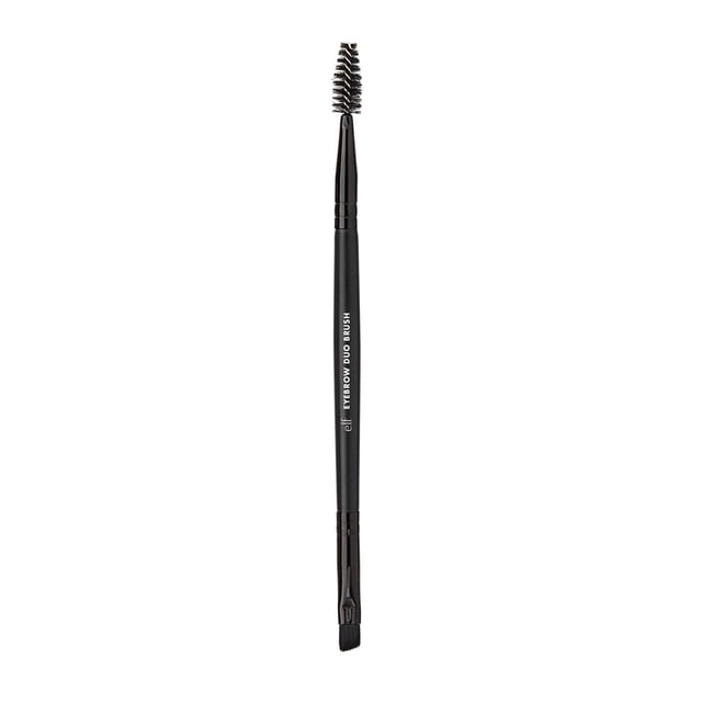 e.l.f. Cosmetics Eyebrow Duo Brush with a black dual-ended handle, featuring a dense angled brush for precise filling and contouring on one end and a spoolie wand for combing and shaping brows on the other, suitable for powder, cream, and gel formulas.