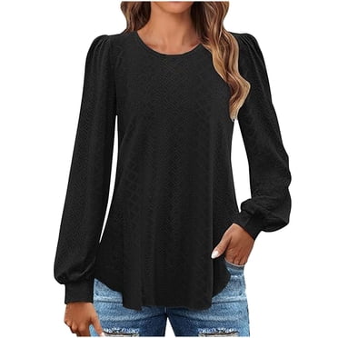 Timegard Tuniques pour Femmes à Manches Longues en Broderie Anglaise à Col Rond T-Shirts Couleur Unie Décontractés Confortables Blouses Habillées